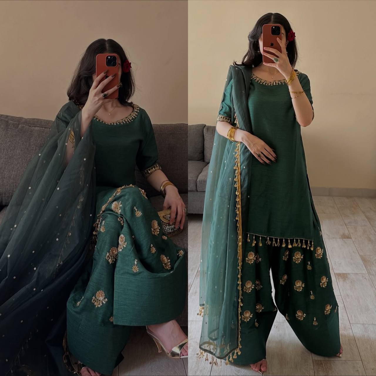 Majestic Emerald Green Kurta and Salwar Suit Set Featuring Intricate Gold Embroidery, Floral Motifs, and Ornate Coin Tassel Embellishments